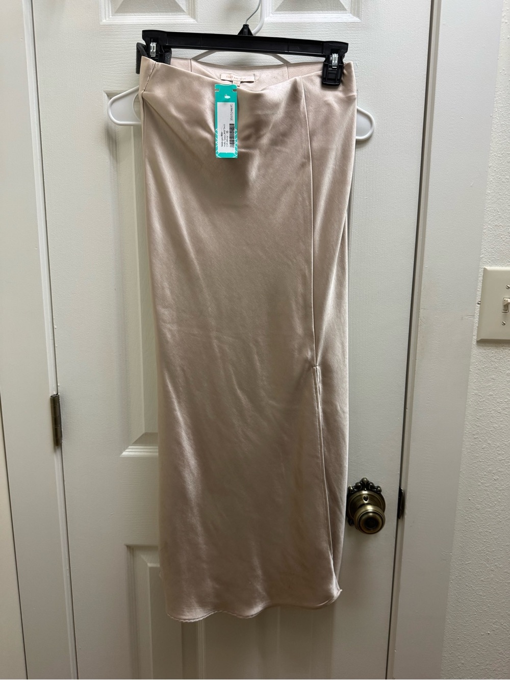 Skies Are Blue Satin Skirt in Champagne with Teal Tag